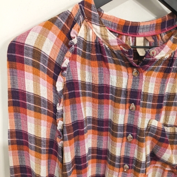 Anthropologie Pilcro Breezy Raspberry Plaid Flannel Button Up Shirt Puff Sleeve - Picture 2 of 8